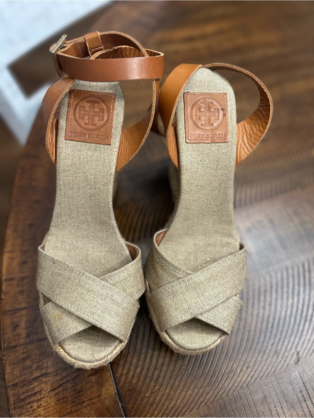 Tory Burch Linen & Leather Ankle-Strap Espadrille Wedges in Tan